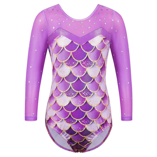 BAOHULU Gymnastics Leotard for Girls Shiny Sequin Sleeve Practice Dancewear B346_PurpleScale_5A