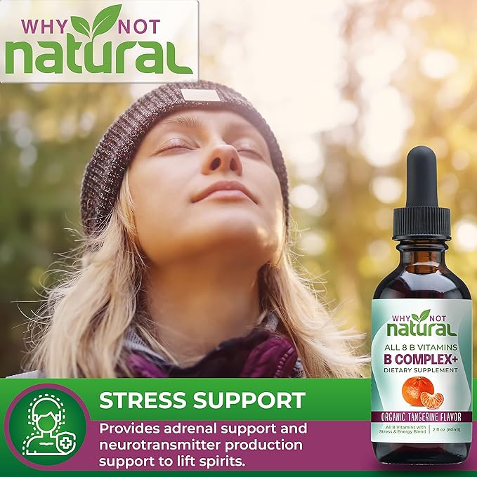 Why Not Natural Vitamin B Complex Liquid Drops - Organic Supplement for Women - Vegan and Sublingual Forms of B1 B2 B3 B5 B6 Biotin Folate and Choline - Plus Blend for Energy Support