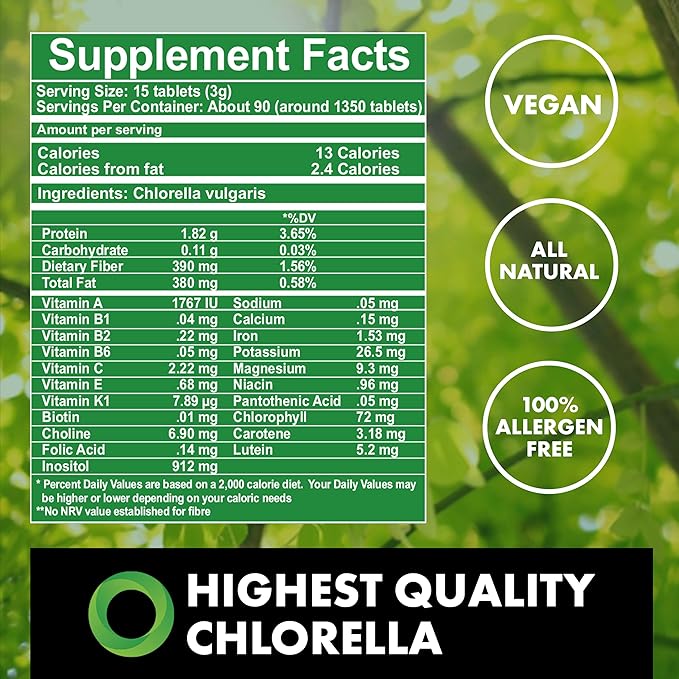 | Fermented Chlorella Tablets | Broken Cell Wall | 1,350 Tablets | Chlorophyll | Supergreens | Gluten-Free | Vegan | Non-GMO