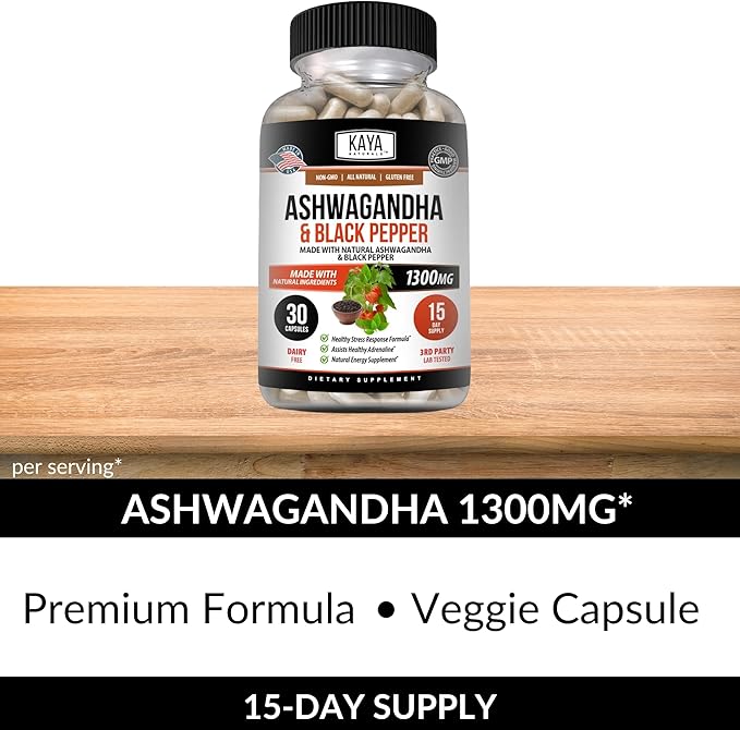 Kaya Naturals Ashwagandha Root with Black Pepper | Maximum Strength 1300mg Adaptogen Supplement, Support Adrenal, Glandular Health, Mood Relief, Focus, Energy & Vitality for Men & Women