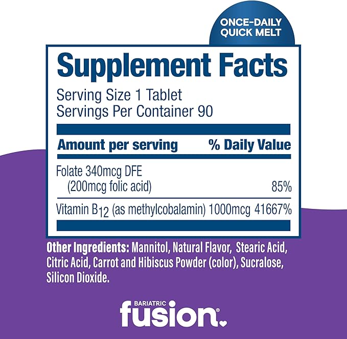 Bariatric Fusion Vitamin B12 Sublingual 1000 mcg Melts | Grape Flavored | Vitamin B12 Dissolve Under Tongue Tablets with Folic Acid | Sugar Free | Methylcobalamin | 90 Count
