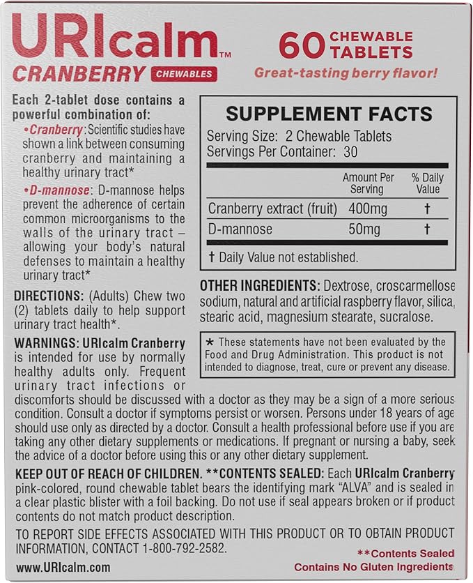 Uricalm Cranberry, Daily Dietary Supplement Chewable with D-Mannose, Berry, 60 Count