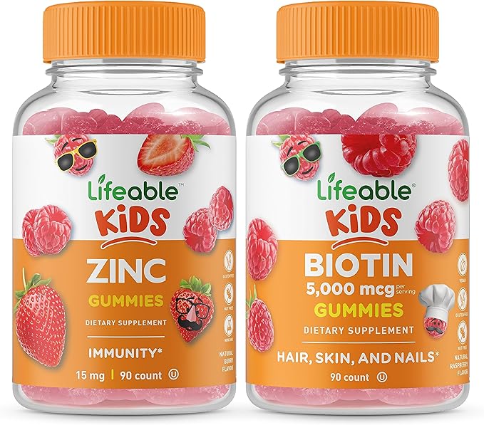 Lifeable Zinc Kids + Biotin Kids, Gummies Bundle - Great Tasting, Vitamin Supplement, Gluten Free, GMO Free, Chewable Gummy