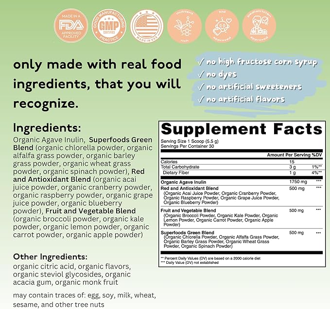 Kids Greens Powder, 30 Servings, Parrot Peach Ring, Superfood Drink Mix with Fiber for Digestive Health, Organic Fruits & Vegetables, Antioxidants, Real Food Ingredients, Ages 2+