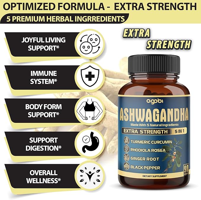Ashwagandha Extract Capsule - Great Strength - 5in1 Blended Ginger, Turmeric, Rhodiola Rosea & Black Pepper - 90 Capsules for 3 Months - Strength, Spirit & Immune Support