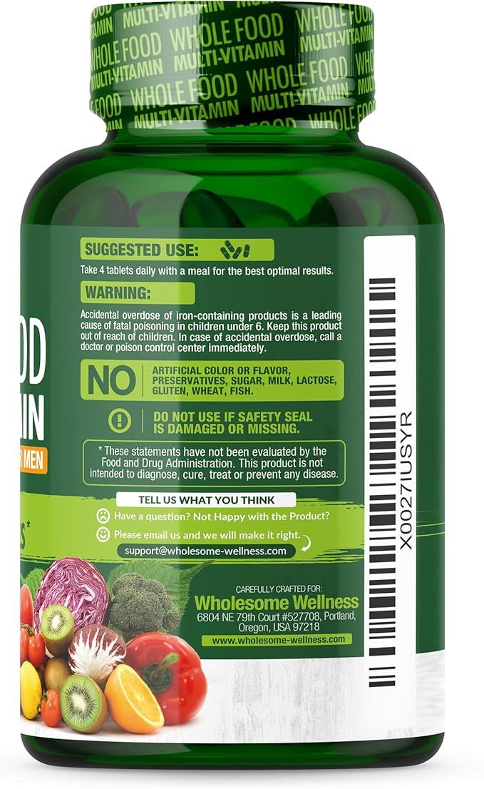 Wholesome Wellness Whole Food Multivitamin for Men - Natural Multi Vitamins, Minerals, Organic Extracts - Vegan Vegetarian - 120 Tablets