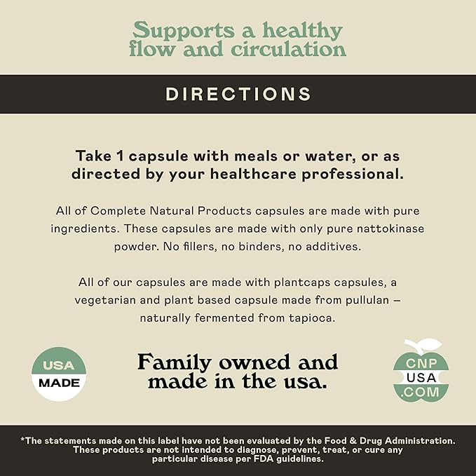 Complete Natural Products Nattokinase Capsules - 100 Count 570Mg 6000Fu'S, Support Healthy Circulation, Natto Enzymes, Gluten Free, Pure Soy Enzyme, Vegan, Non-GMO