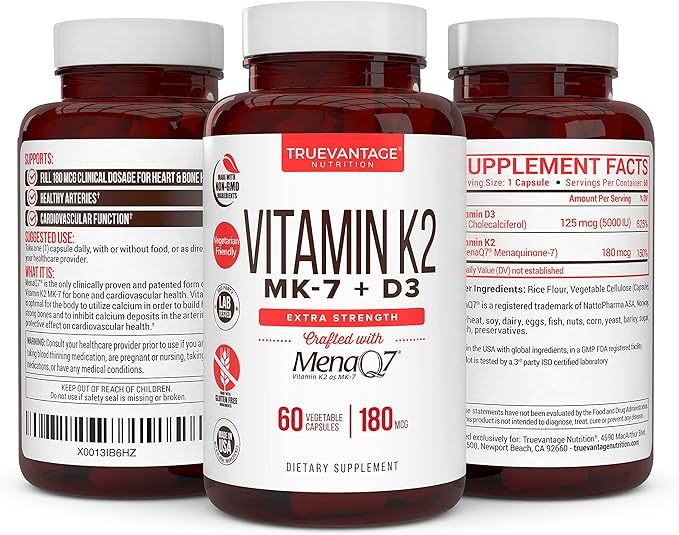 Vitamin K2 D3 Supplement 5000 IU D3 and 180 mcg Vitamin k2 MK7 Supplement for Healthy Bones, Healthy Heart & Cardiovascular Health-60 Easy to Swallow Vegetable caps of MenaQ7 K2 MK7