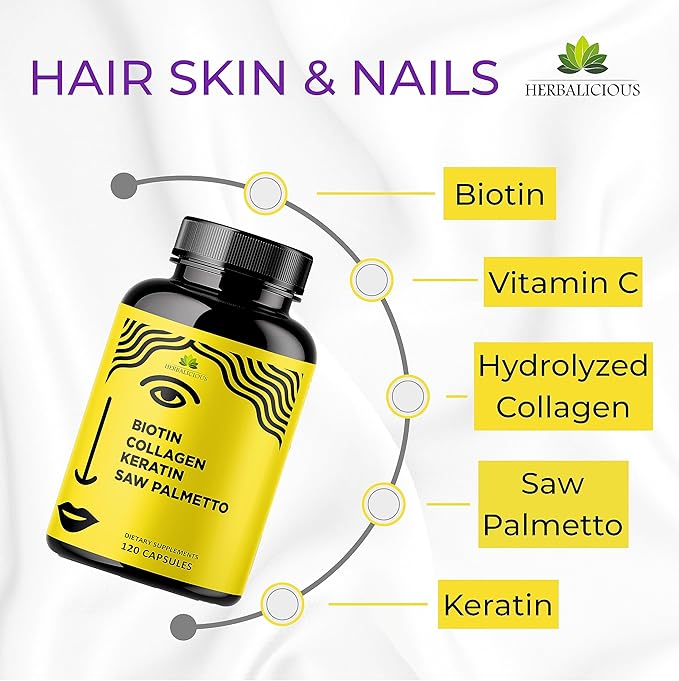 Biotin Vitamins with Collagen, Keratin & Saw Palmetto for Women and Men - Biotin 10000 mcg Hair Skin Nails Supplement for Hair, Skin, and Nails Wellness - Made in USA, 120 Capsules