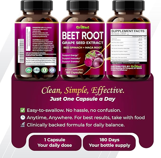 12,900mg Beet Root x12 Potency with Grape Seed Extract, Maca Root, Red Spinach, Ashwagandha - Healthy Energy Supplement for Heart Support (90 Count (Pack of 1))