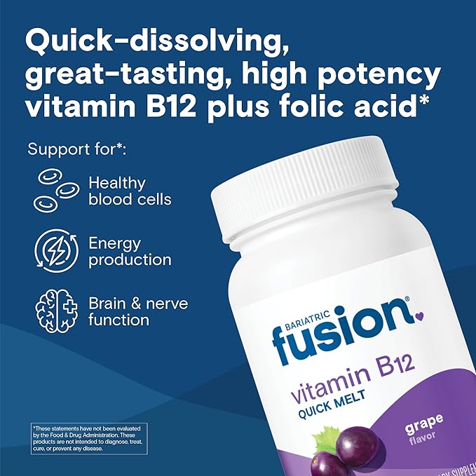 Bariatric Fusion Vitamin B12 Sublingual 1000 mcg Melts | Grape Flavored | Vitamin B12 Dissolve Under Tongue Tablets with Folic Acid | Sugar Free | Methylcobalamin | 90 Count