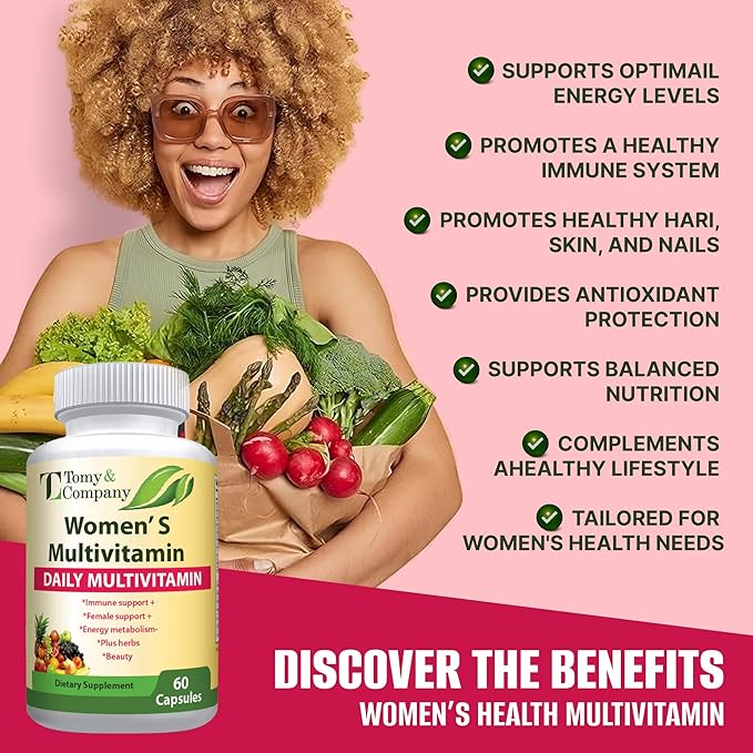 Tomy & Company Gluten-Free Vegetarian Women's Multivitamin with Zinc, B6, B12, Biotin and More - Hair, Skin & Nails, Bone Health, Immune Support, Women's Daily Vitamin Supplements Capsules