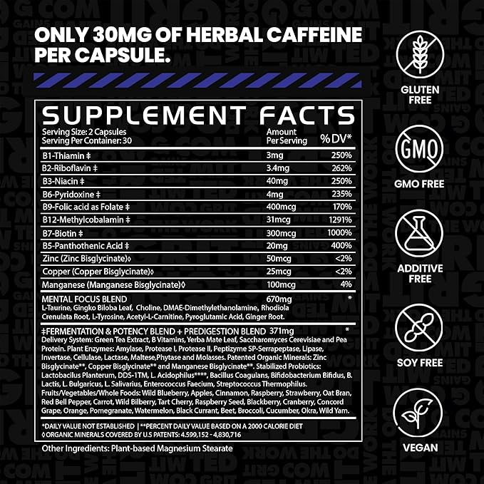 Gains in Bulk Elevated Nootropic Herbal Energy Supplements with Ginkgo Biloba, B Vitamins, DMAE, Clean Energy & Focus Supplement, Supports Digestive Health, Cognitive Brain Health, Vegan, 60 Capsules