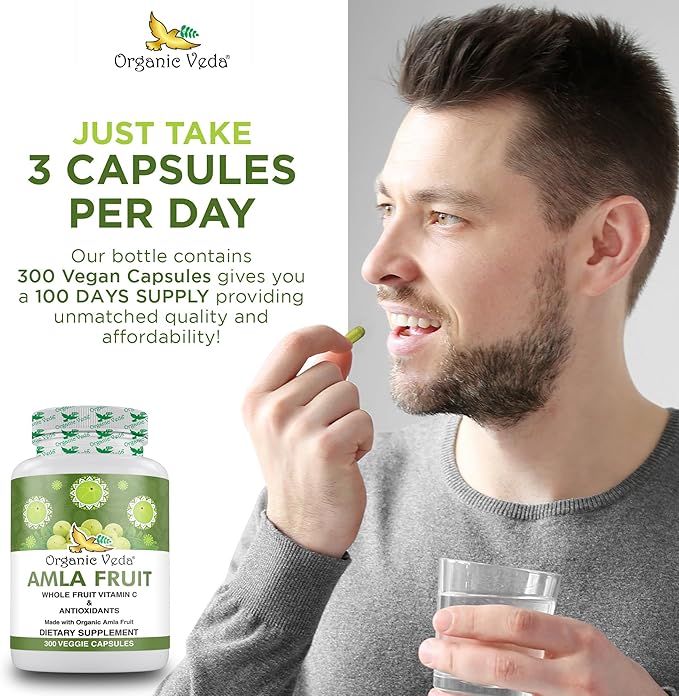 Organic Veda Amla Capsules - 1500mg, 300 Capsules Organic Whole Fruit Amla Powder - Natural Vitamin C for Immunity, Skin Radiance, Antioxidants - Vegan, Non GMO, Raw Vitamin C Supplements