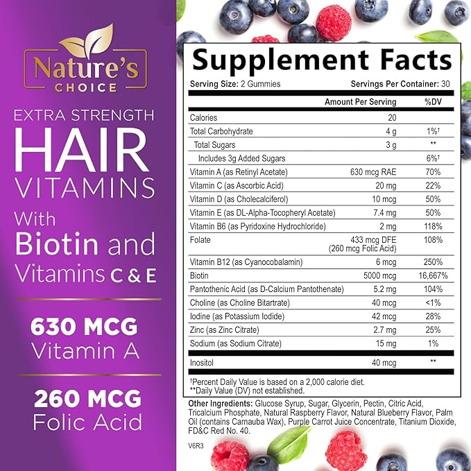 Hair Vitamins Gummies with Biotin 5000 mcg Vitamin E & C Support Hair Growth Gummy, Premium Vegetarian Non-GMO, for Stronger, Beautiful Hair, Skin & Nails, Biotin Gummies Supplement - 60 Gummy Bears