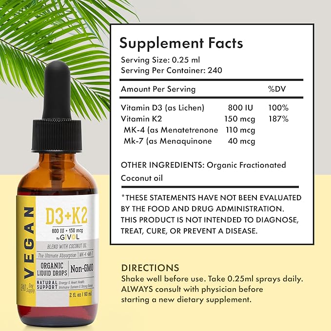 Vitamin D3+K2 Liquid Drops (MK4 & MK7) Organic Fractionated Coconut Oil and Vitamin C Extra Strength Spray Mist: Daily Absorption Liquid Extract, Essential Protein Support, Optimizes Wellness Benefits