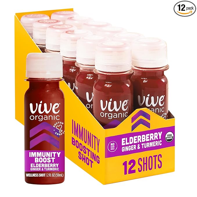 Vive Organic Immune Support Elderberry Shot, Cold-Pressed Turmeric & Ginger, Gluten Free, Vegan, Immunity Boost Elderberry, 2 Fl Oz (Pack of 12)
