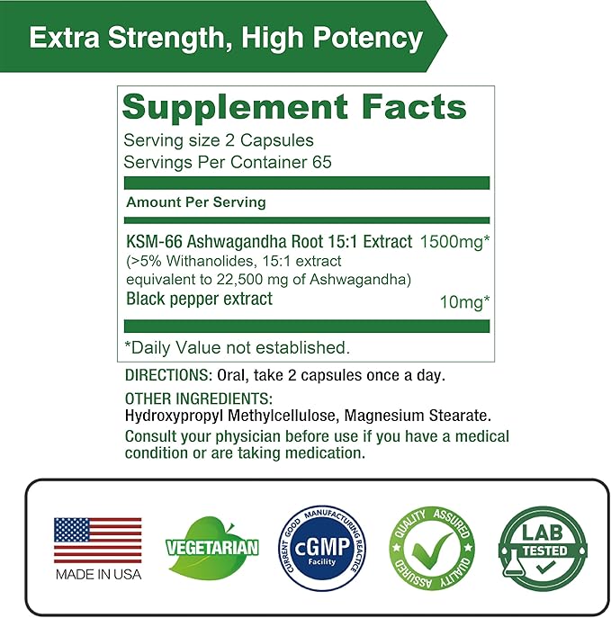 Lovita KSM-66 Ashwagandha | Highly Concentrated | 5% Withanolide | 95% Black Pepper Piperine | Stress Relief & Energy Support | Vegan, Gluten Free | 130 Capsules (Pack of 3)