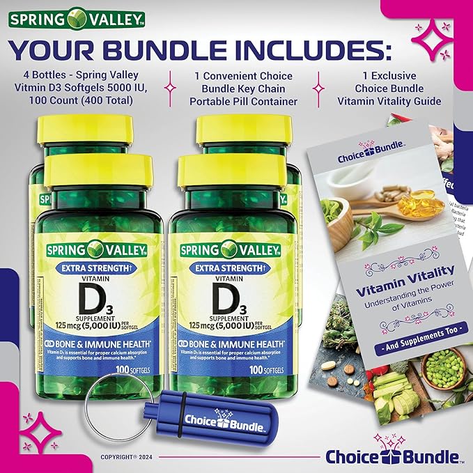Spring Valley Vitamin D3 Softgels 125 mcg per Soft Gel 5,000 IU 100 Ct 4 pk (400 Total) + Vitamin Guide & Pill Container (6 Items)!