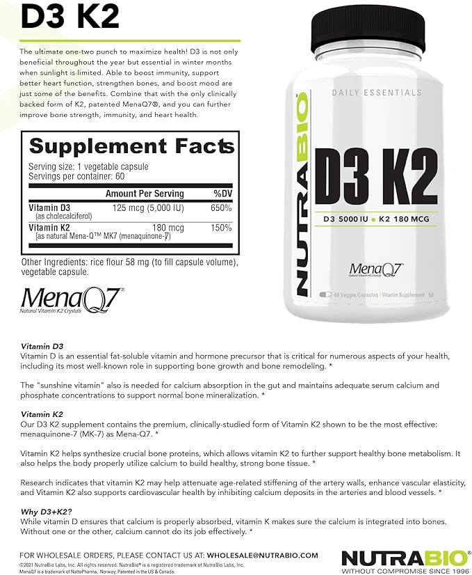 NutraBio Vitamin D3 K2 | 5000 IU D3 as Cholecalciferol with Vitamin K2 as MENA-Q MK7 (180mcg) | Support Bone and Heart Health | Non-GMO, Gluten Free, Lactose Free | 60 Vegetable Capsules