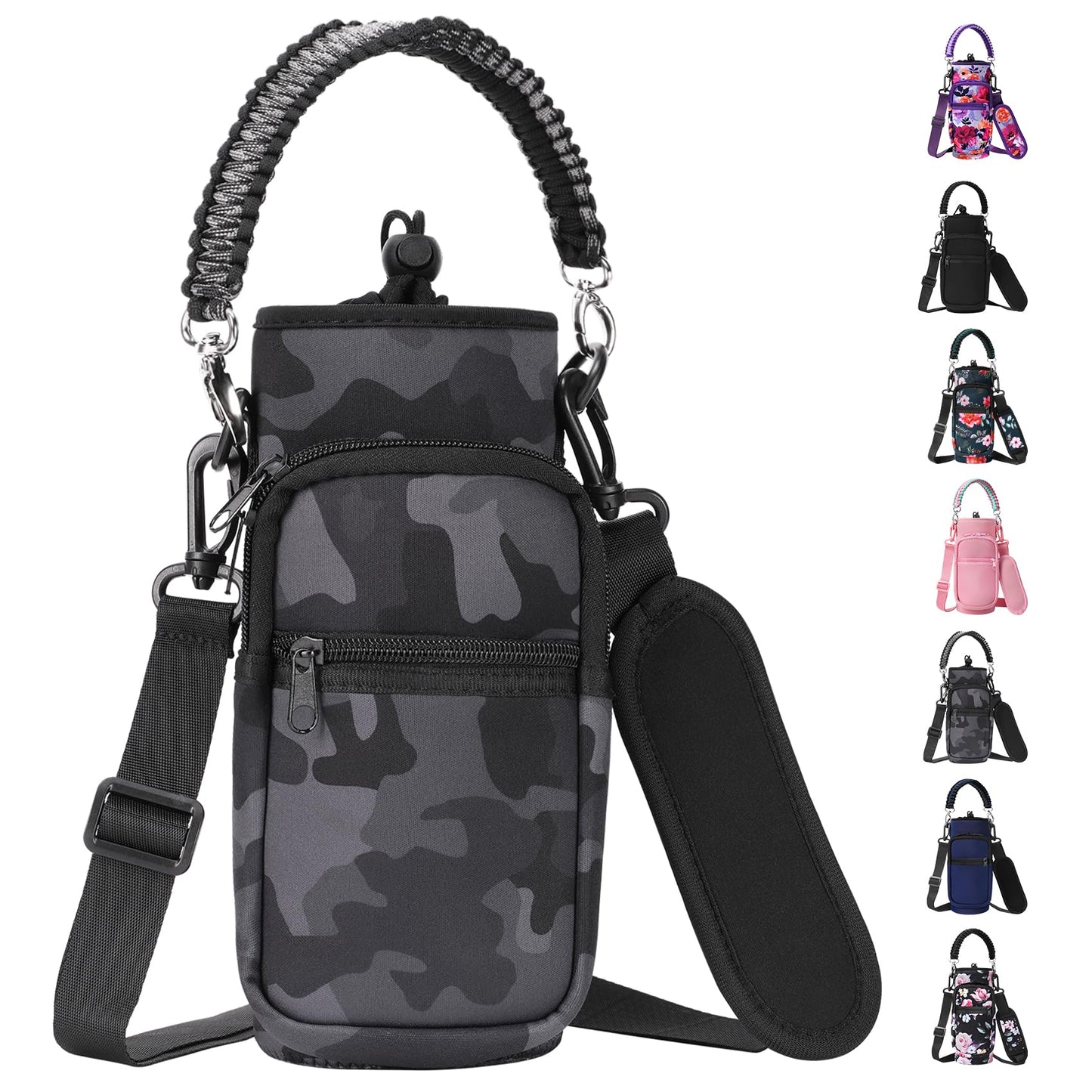 AceTreker 32 oz 40 oz Water Bottle Carrier, Neoprene Water Bottle Holder with Strap & Paracord Handle, Sport Bottle Sleeve Sling Bag with 2 Pocket for Travelling, Walking, Camping-Gray Camo