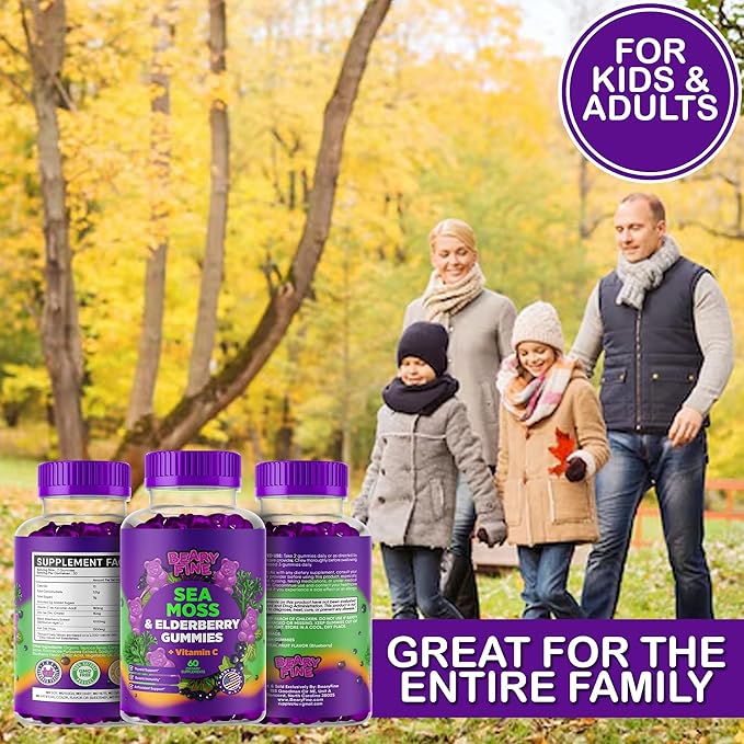 Sea Moss Gummies & Elderberry - Vitamin C + Zinc – Extra Strength Immune & Thyroid Support Booster Gummy Bears for Kids & Adults - 60 Seamoss Gummies - Made in The USA