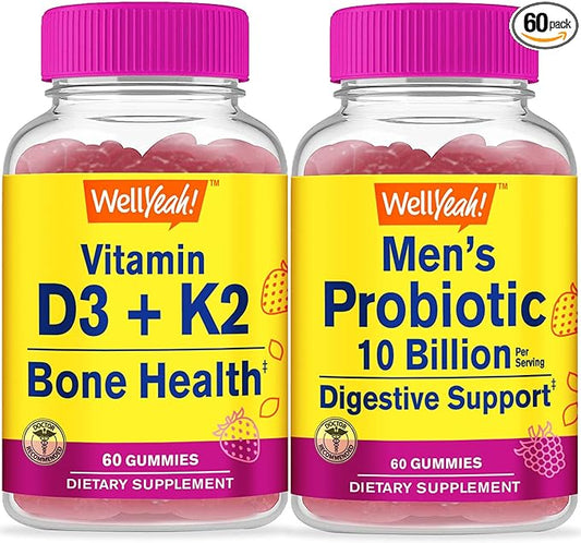 Vitamin D3 + K2 + Probiotic Men 10B CFUs, Gummies Bundle - Great Tasting, Vitamin Supplement, Gluten Free, GMO Free, Chewable Gummy