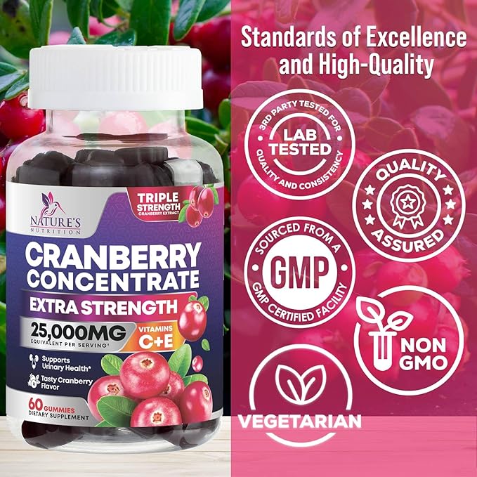Cranberry Supplement Gummies + Vitamin C - Made with 25,000mg 50:1 Cranberry Extract to Help Cleanse and Protect The Urinary Tract, Nature's Chewable Cranberry Pills for Women, Non-GMO - 60 Gummies