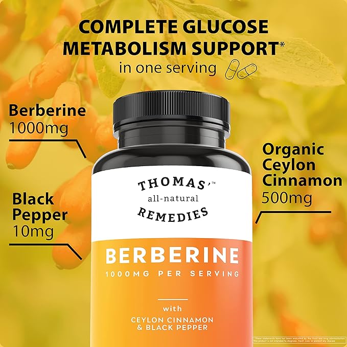Thomas' all-natural Remedies Berberine 500mg (1000mg Per Serving)- 120 Vegan Capsules- with Ceylon Cinnamon & Black Pepper- Supports Healthy Immune Function & Overall Wellness