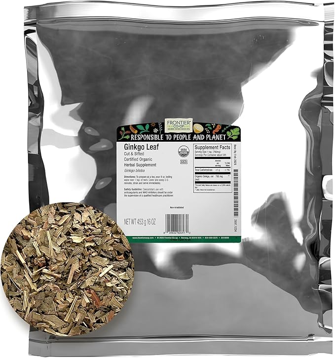 Frontier Co-op Organic Ginkgo Leaf, 1lb Bulk Bag, Cut and Sifted | Dried Ginkgo Biloba Leaf | Ideal for Tea and Herbal Uses, Kosher