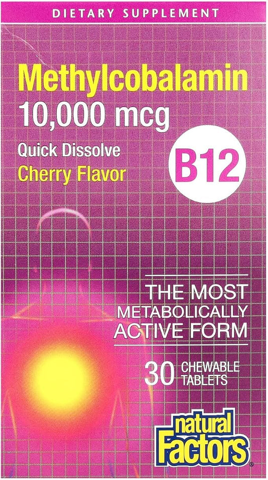 Natural Factors B12 Methylcobalamin, 10,000 mcg, Cherry, 30 Chewable Tablets