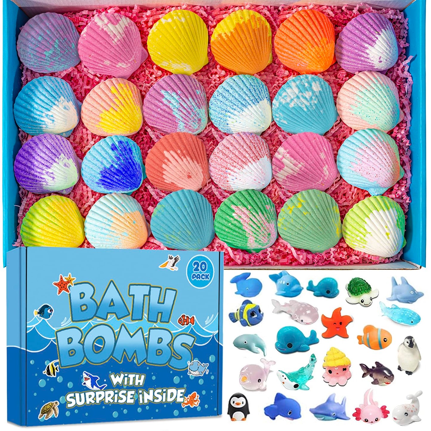 Bath Bombs for Kids with Surprise Marine Animals Inside, 20 Shell Kids Bath Bombs Gift Set, Handmade Bubble Bath Fizzes Bomb for Chrildren Birthday Christmas and Party Favor