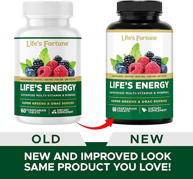 Life's Fortune Life's Energy Advanced Multi-Vitamin and Mineral for Men & Women, Non-GMO - Super Greens - ORAC Berries - AntiOxidants - Enzymes - Iron Free - GMP Tested, 60 Veggie Tablets
