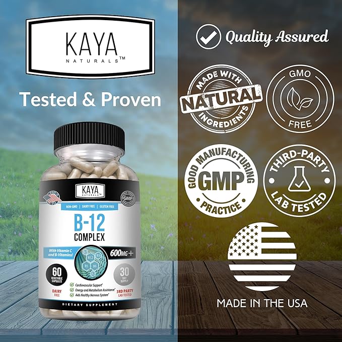 Kaya Naturals B-12 Complex | Multivitamin Supplement for Women & Men | Energy and Metabolism Booster | Vitamin Supplement with Biotin, Choline, Inositol, Folate, and Vitamin C – 60 Count