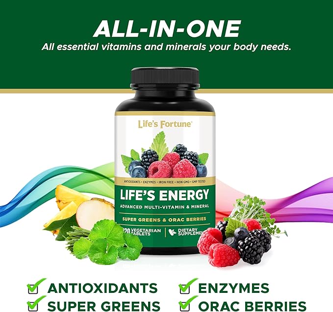 Life's Fortune Life's Energy Advanced Multi-Vitamin and Mineral for Men & Women, Non-GMO - Super Greens - ORAC Berries - AntiOxidants - Enzymes - Iron Free - GMP Tested, 120 Veggie Tablets
