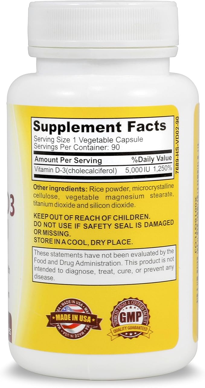 Vitamin D3 5000 IU High Potency 90 Vegetarian Capsules in Non-GMO for Enhanced Calcium Absorption, Dental and Bone Health, Muscle Function