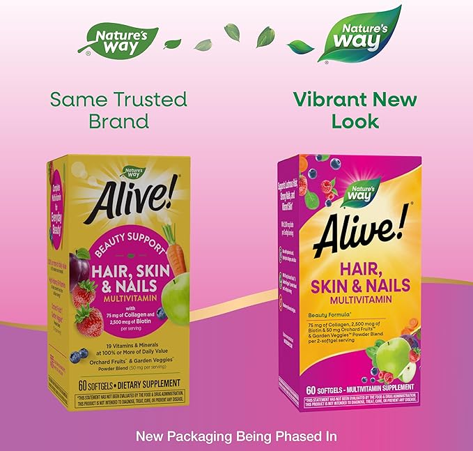 Nature's Way Alive! Hair, Skin & Nails Multivitamin with Biotin and Collagen, 60 Softgels
