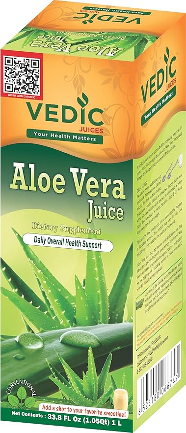 Vedic Juices Aloe Vera Juice, Aloe Supplement for Skin Nourishment, Aloe Pulp, Aloe Fiber, Gut Health and Immune Support, Aloe Juice with No Added Sugar, Parabens, or Artificial Colors, 1 Liter…