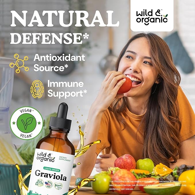 Wild & Organic Graviola Soursop Multivitamin Drops - 500 mg Guanabana Fruit & Soursop Leaves for Antioxidant Support - Vegan, Sugar & Alcohol-Free Tincture - 4 fl oz