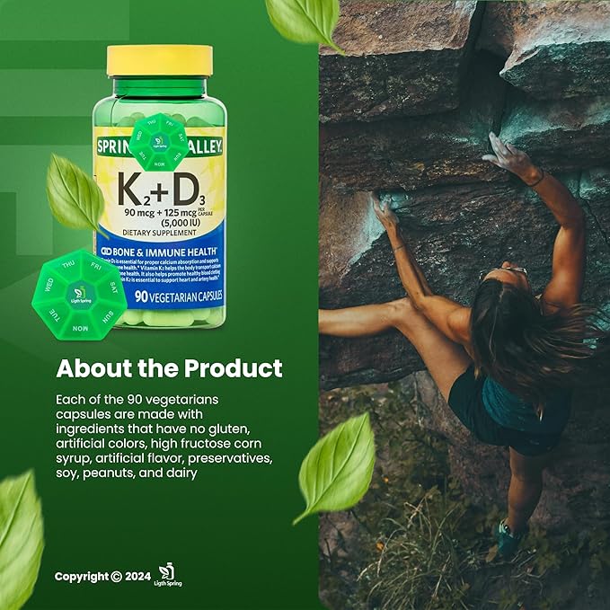 Vitamin K2 (90mcg) + D3 (125mcg) Vegetarian Capsules, 90 Count with Bundle Exclusive Vitamins & Minerals - A to Z - Better Ligth&Spring Guide + Weekly Pill Organizer (3 Items)