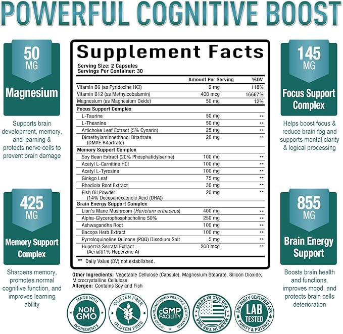 Purely Optimal Brain Supplement for Memory and Focus - Nootropic Support with Lion’s Mane, Alpha-GPC, Ginko Biloba, & Bacopa Monnieri - 60 Capsules