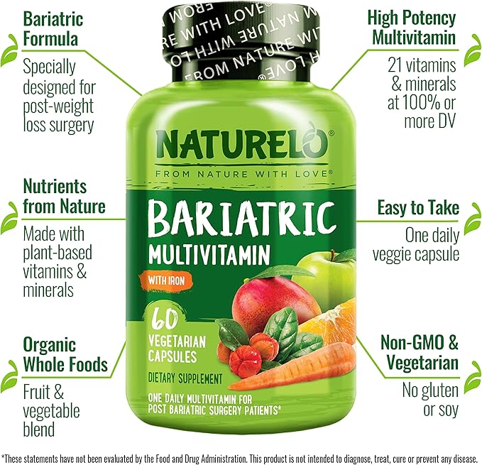 NATURELO Bariatric Multivitamin - One Daily with Iron - Supplement for Post Gastric Bypass Surgery Patients - Natural Whole Food Nutrition - 60 Veggie Capsules (Pack of 2)