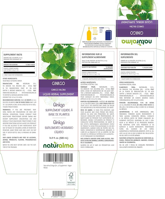 Naturalma Ginkgo (Ginkgo biloba) Leaf Alcohol-Free Tincture - 16.9 fl oz Liquid Extract in Drops - Herbal Supplement - Vegan