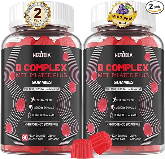 Brain & Mood Support Gummies, Super Vitamin B Complex for Men & Women, All B Vitamin B1 B2 B3 B5 B6 B7 B9 MethyB12 Multivitamin with PABA, Inositol, Choline, Supports MTHFR Gene & Energy, Vegan, 120Ct