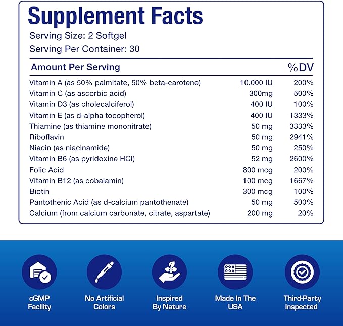 30-in-1 Adult Multivitamin with Iron - Antioxidant Rich Over 50 Multivitamin for Women and Men with Vitamins A C D E B Complex Zinc Magnesium Myo Inositol Lutein Lycopene & More - 1 Month Supply