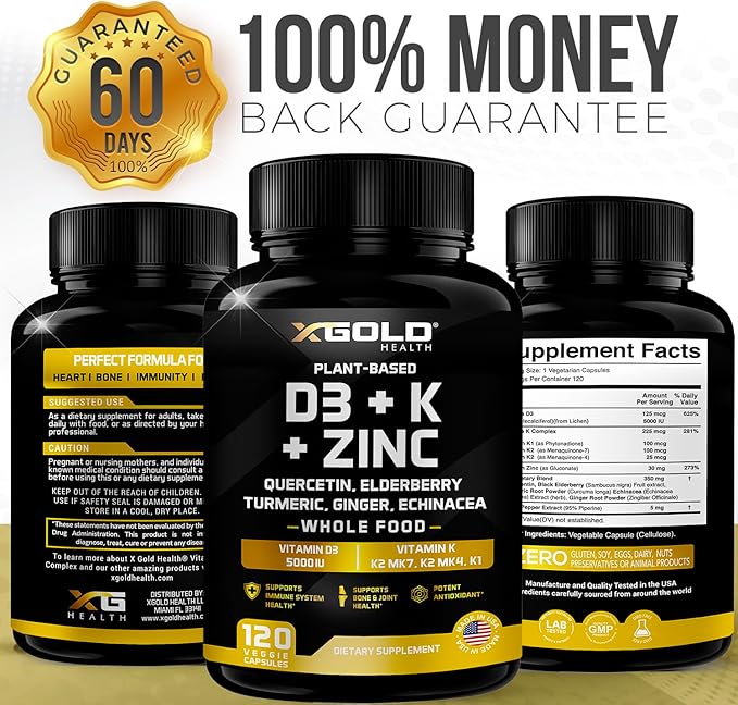 Vitamin D, K2, K1, Zinc, Quercetin, Elderberry, Turmeric, Ginger & Echinacea Whole Food Supplement 8 in 1- D3 5000 IU Plant-Based from Lichen, Vitamin K (K2 MK7, MK4, K1), D3 K2 Vitamins -120 Capsules