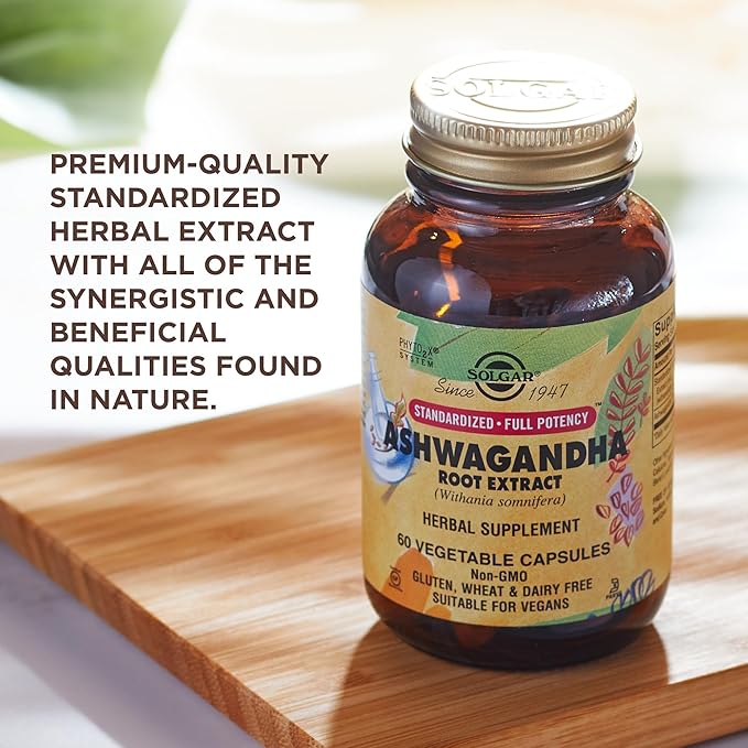 SOLGAR Ashwagandha Root Extract - 60 Vegetable Capsules - Standardized Full Potency (SFP) - Non-GMO, Vegan, Gluten & Dairy Free, Kosher - 60 Servings