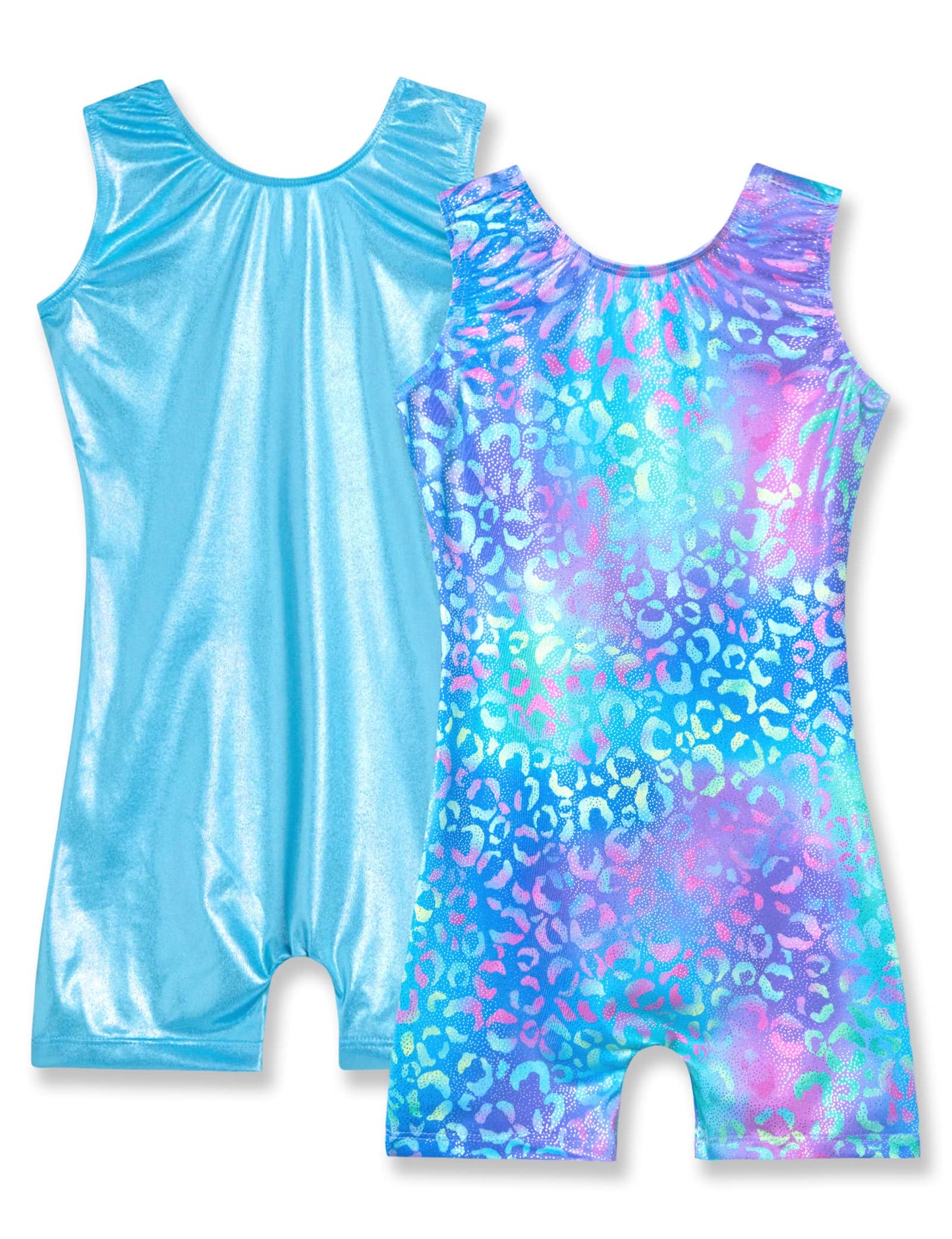 Nymphperi Gymnastics Leotards for Girls 2 Pack Size 5-6 Years Old Sparkle Comfortable Blue Biketard with Shorts Shiny Breathable Green Purple Leopard Dancewear for USA Kids Daily Wear