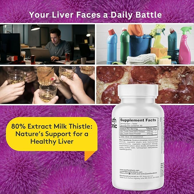 Youth & Tonic Liver Detox Cleanse Supplement – Silymarin Milk Thistle Complex Formula for Body Health, Repair & Support – Non-GMO Herbal Vitamins – 60 Capsules for Women & Men