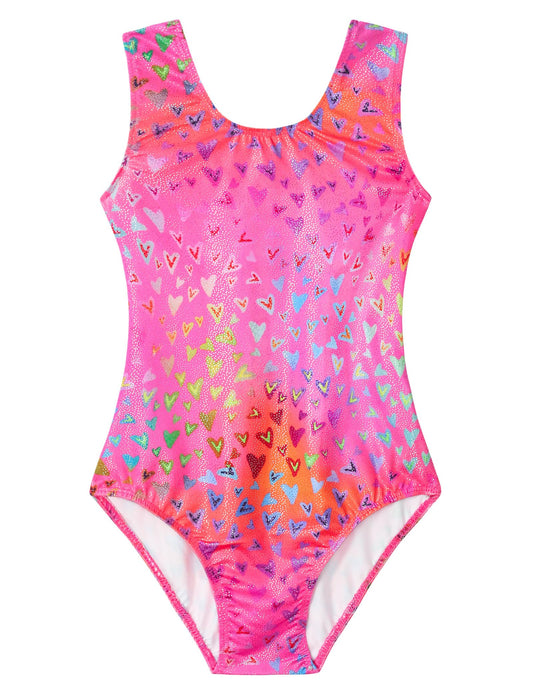 Domusgo Gymnastics Leotards for Girls 5-6 Years Old Pink Neon Heart Sparkly One Piece Tumbling Outfits